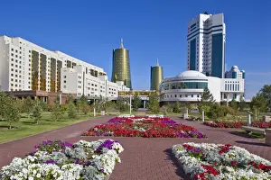 Astana Prints: House of Ministries and twin golden conical business centres