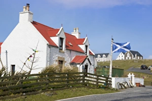 White Washed Prints: House with Saltire Flag, Isle of Eriskay, Outer Hebrides, Scotland, United Kingdom