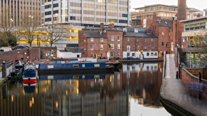 Birmingham Prints: Houseboats on Gas Street Basin in the heart of Birmingham, England, United Kingdom