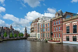 Scenic Spot Prints: Houses by Amstel River and Munttoren tower in the background