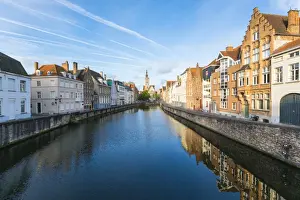 Bruges Prints: Houses and belfry on canal, Bruges, West Flanders province, Flemish region, Belgium