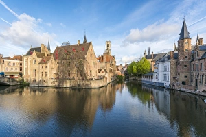 Bruges Prints: Houses and belfry reflected in the Dijver canal