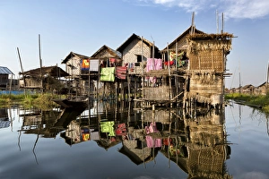 Stilt House Prints: Houses built on stilts in the village of Nampan on the edge of Inle Lake