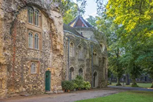 Abbey Church Prints: Houses built into the west front of the ruined Abbey Church, Bury St