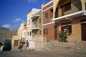 Sao Vicente Prints: Houses, some decorated with tiles, on a street in Mindelo, on Sao Vicente Island