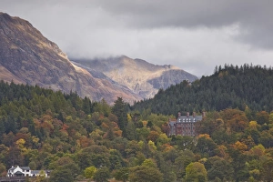 Glen Coe Prints: Houses dotted on the mountain side in Glencoe, Highlands, Scotland, United Kingdom, Europe