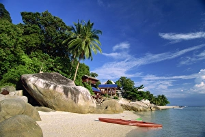 Kayak Prints: Houses and kayak on tropical beach on Perhentian Besar