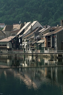 Franche Comte Prints: Houses overlooking the Loue river, and footbridge, Ornans, Jura, Franche-Comte