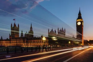 Vehicles Prints: Houses of Parliament with Big Ben and Westminster Bridge, London, England