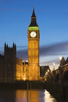 The Houses of Parliament, Big Ben and Westminster Bridge at dusk, UNESCO World Heritage Site