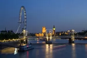Thames Collection: Houses of Parliament and London Eye at dusk, London, England, United Kingdom, Europe