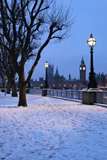 South Bank Collection: Houses of Parliament and South Bank in winter, London, England, United Kingdom, Europe
