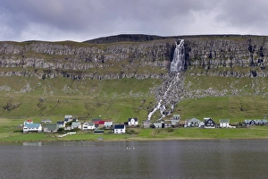 Faroes Prints: Houses at Sandur, across Sandsvatn lake, Sandoy, Faroe Islands (Faroes), Denmark, Europe