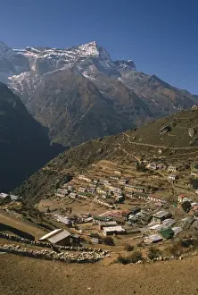 Himalaya Prints: Houses and terraced fields of Namche Bazaar in the Khumbu Region