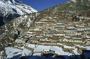 Himalaya Prints: Houses and terraced fields under snow at Namche Bazaar