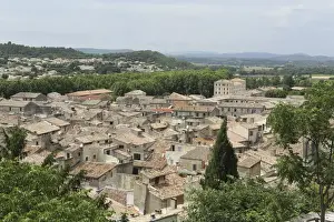 Houses with terracotta roof tiles in the medieval old town of Sommieres, Gard, Languedoc-Roussillon