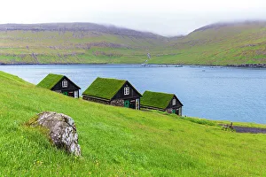 House Exterior Prints: Houses with turf roofs, Bour village, Vagar island, Faroe islands, Denmark, Europe