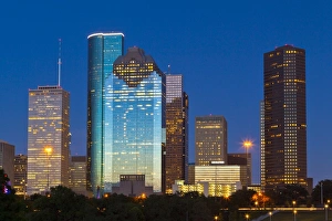 Glass Prints: Houston skyline at night from Eleanor Tinsley Park, Texas, United States of America