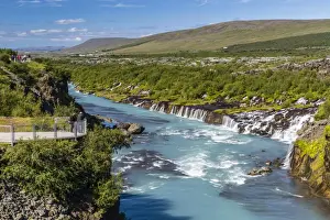 Hraunfossar, a series of waterfalls pouring into the Hvita River, Borgarfjordur, western Iceland