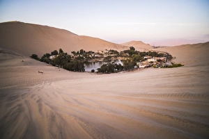 Oasis Prints: Huacachina and sand dunes at sunset in the desert in the Ica Region, Peru, South America