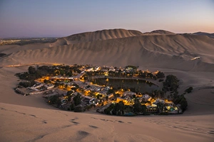 Huacachina Prints: Huacachina, surrounded by sand dunes at night, Ica Region, Peru, South America