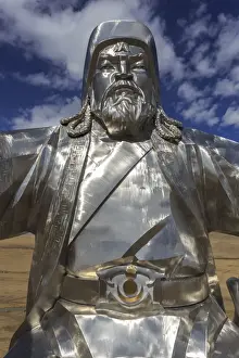 Stainless Steel Prints: Huge silver stainless steel Chinggis Khaan (Genghis Khan) statue, Tsonjin Boldog
