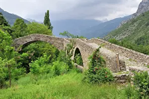 Regional Prints: Humpbacked stone bridge from the 15th century in La Brigue surrounded by nature in Mercantour National Park