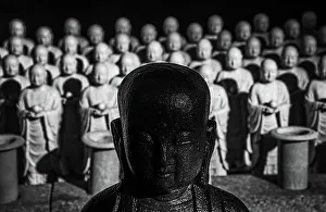 Jizo Prints: Hundreds of jizo statues lined up at the Hasedera Temple, Kamakura, Honshu, Japan, Asia