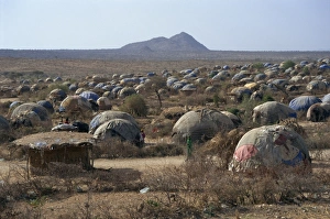 Huts Prints: Hundreds of makeshift homes, Darwanaji Refugee Camp, Ethiopia, Africa