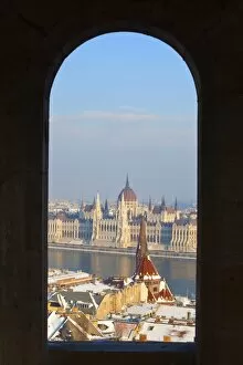 Hungarian Parliament and River Danube on a winters afternoon, Budapest, Hungary, Europe