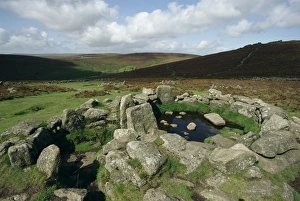 Enclosure Prints: Hut foundations, Grimspound enclosure, Dartmoor, Devon, England, United Kingdom, Europe