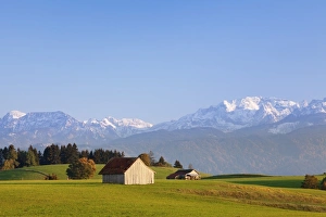 Fussen Prints: Hut and snow-capped Alps, Allgau, near Fussen, Bavaria, Germany, Europe