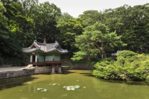 Typically Korean Prints: Huwon, The Secret Garden, pavilions around a square lily pond