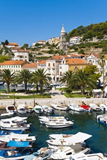 Town Centre Prints: Hvar harbour and church bell tower in Hvar town centre