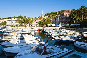 Town Centre Prints: Hvar town centre, boats in Hvar harbour and church bell tower