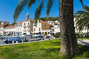 Town Centre Prints: Hvar town centre, church spire, Hvar Island, Dalmatian Coast, Croatia, Europe