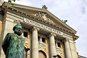 Theatres Prints: Ibsen statue in front of the National Theatre, Oslo, Norway, Scandinavia, Europe