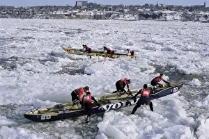 Quebec Prints: Ice canoe races on the St. Lawrence River during winter carnival, Quebec