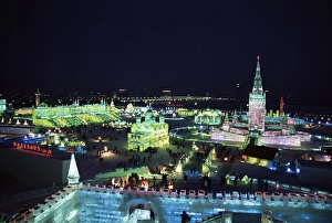 Heilongjiang Prints: Ice sculptures lit at night, Ice Lantern Festival, Bingdeng Jie, Harbin city
