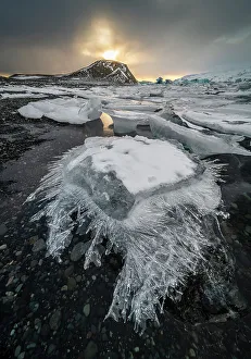 Lagoons Prints: Ice shard, Jokulsarlon Ice Lagoon, sunset, Iceland, Polar Regions