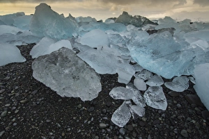 Black Sand Prints: Icebergs on Jokulsarlon Black Sand Beach, Iceland, Polar Regions