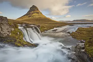 Waterfalls Prints: One of Icelands iconic landscapes, Mount Kirkjufell and Kirkjufellsfoss Falls