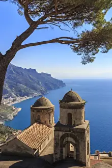 Iconic Amalfi Coast, church and umbrella pine from Villa Rufolo Gardens, Ravello