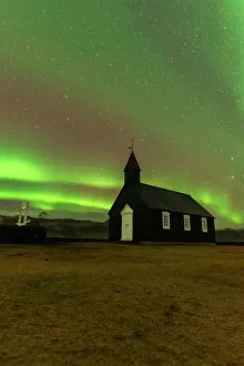 Vesturland Prints: Iconic black wooden Budakirkja church under the Northern Lights (Aurora Borealis)