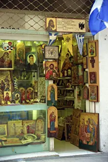 Athens Prints: Icons, paintings and religious artefacts for sale in a shop in the Plaka district of Athens