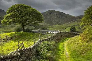 Footpath Prints: Idyllic farm and countryside view with dry stone wall in the Langdale Valley, Lake
