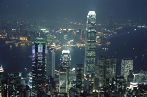 Two International Finance Center Prints: Two IFC Building on right and skyline at night, from Hong Kong Island, Hong Kong