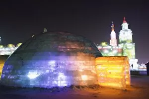 Images Dated 2nd February 2008: An igloo ice sculpture illuminated at night at the Ice Lantern Festival