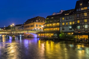 Ill canal at night, Strasbourg, Alsace, Bas-Rhin Department, France, Europe