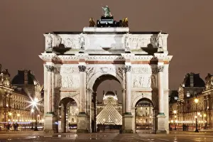 Capital Cites Prints: Illuminated Arc de Triomphe du Carousel and Louvre Museum with Pyramid at night